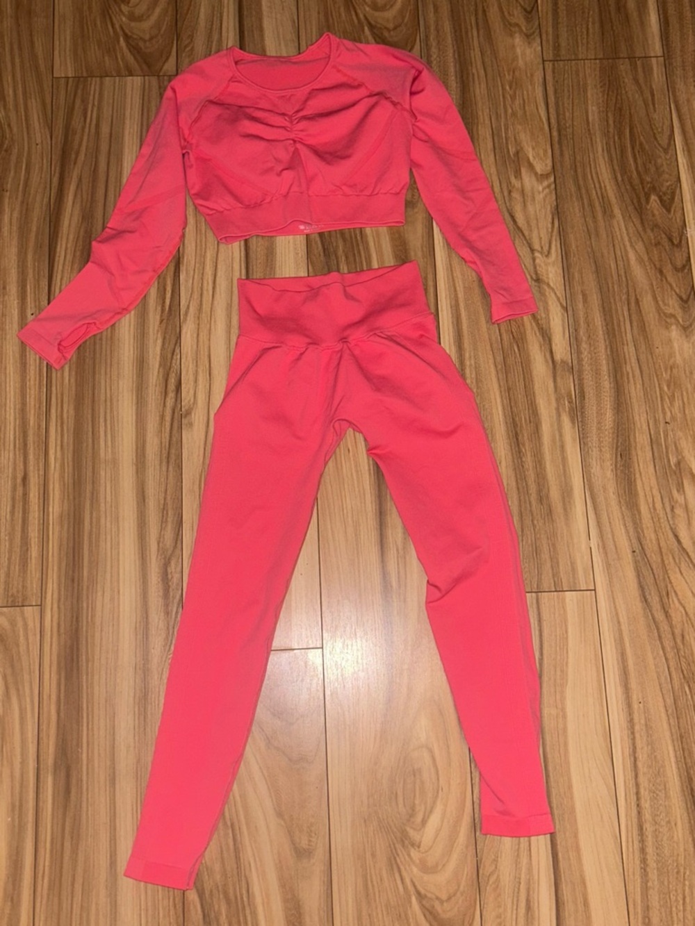 Neon Coral Two-Piece Active Set - Long Sleeve Crop Top + High-Waist Leggings